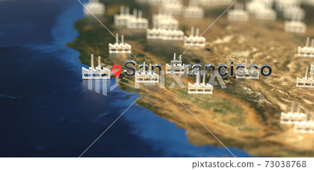 Factory icons near San Francisco city on the... - Stock Illustration ...