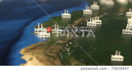 Factory icons near Guayaquil city on the map, industrial production related 3D rendering Factory icons near Guayaquil city on the map, industrial production related 3D rendering 73038947