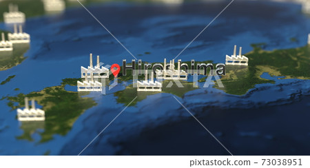 Factory icons near Hiroshima city on the map, industrial production related 3D rendering Factory icons near Hiroshima city on the map, industrial production related 3D rendering 73038951