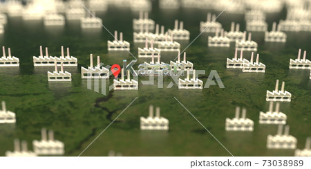 Factory icons near Kazan city on the map, industrial production related 3D rendering 73038989