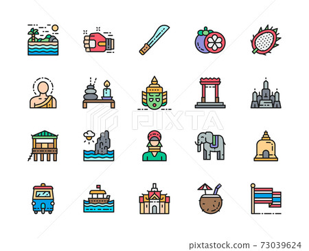 Set of Thailand Culture Color Line Icon. Machete, Muay Thai, Mangosteen and more 73039624