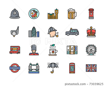 Set of English Culture Flat Color Line Icons. Postbox, Police Helmet and more. Set of English Culture Flat Color Line Icons. Postbox, Police Helmet and more. 73039625