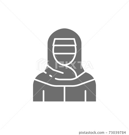 Muslim woman in niqab, traditional arabic dress grey icon. Muslim woman in niqab, traditional arabic dress grey icon. 73039784