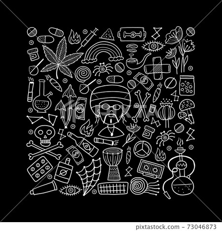 Drugs addiction. Say no to drugs. Rasta collection with skull, marijuana, drum, pills, music symbols 73046873