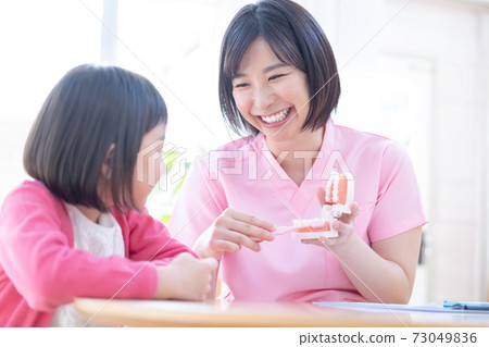 牙科女孩和醫生接受刷牙指導 73049836