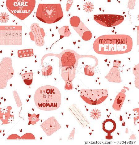 Female menstruation period. Print with female hygiene products underpants, pads, tampons, menstrual cup. Zero waste objects. Hand drawn vector seamless pattern in flat cartoon style. Female menstruation period. Print with female hygiene products underpants, pads, tampons, menstrual cup. Zero waste objects. Hand drawn vector seamless pattern in flat cartoon style. 73049887