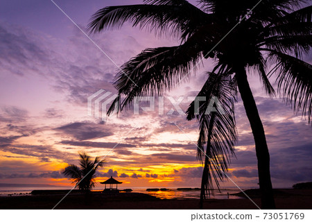 Sunrise at a tropical beach resort with palm trees 73051769