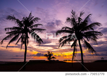 Sunrise at a tropical beach resort with palm trees 73051770