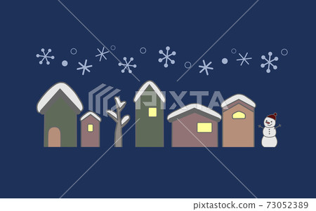 Hand-painted illustration of houses in a snowy landscape on a winter night 73052389