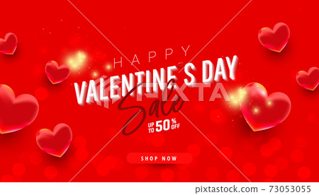 Bright heart air shapes decor on red white background with discount text. Trendy horizontal banner for valentine day Bright heart air shapes decor on red white background with discount text. Trendy horizontal banner for valentine day 73053055