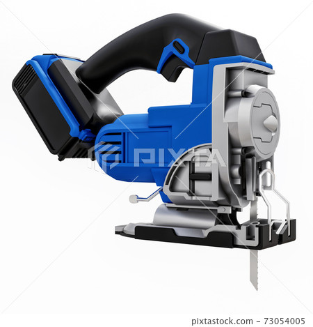 The tool is a blue electric jigsaw on a white isolated background. 3d rendering. The tool is a blue electric jigsaw on a white isolated background. 3d rendering. 73054005