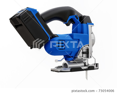 The tool is a blue electric jigsaw on a white isolated background. 3d rendering. The tool is a blue electric jigsaw on a white isolated background. 3d rendering. 73054006