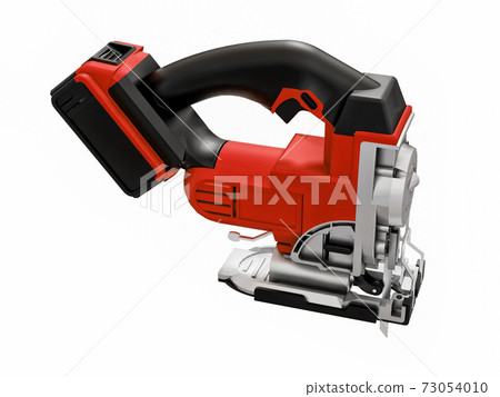 The tool is a red electric jigsaw on a white isolated background. 3d rendering. The tool is a red electric jigsaw on a white isolated background. 3d rendering. 73054010