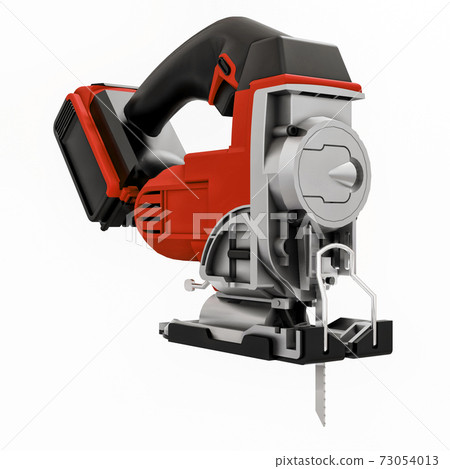 The tool is a red electric jigsaw on a white isolated background. 3d rendering. The tool is a red electric jigsaw on a white isolated background. 3d rendering. 73054013