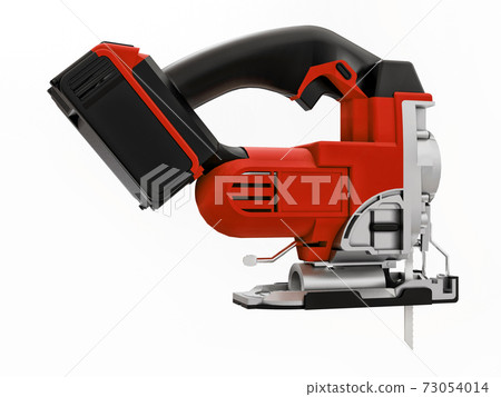The tool is a red electric jigsaw on a white isolated background. 3d rendering. The tool is a red electric jigsaw on a white isolated background. 3d rendering. 73054014