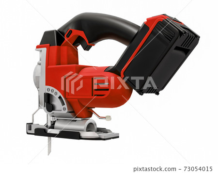 The tool is a red electric jigsaw on a white isolated background. 3d rendering. The tool is a red electric jigsaw on a white isolated background. 3d rendering. 73054015