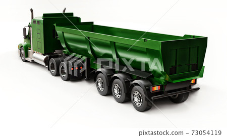 Large green American truck with a trailer type dump truck for transporting bulk cargo on a white background. 3d illustration. 73054119