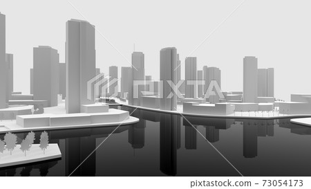 White blank 3D model of a city built by the water. 3d rendering. 73054173
