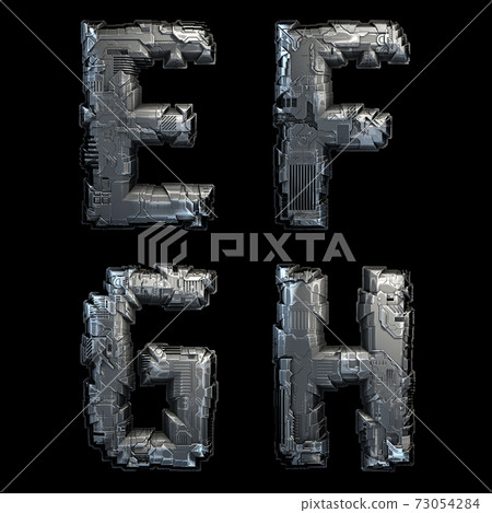 Set of capital letters E, F, G, H made of metal isolated on black background. 3d Set of capital letters E, F, G, H made of metal isolated on black background. 3d 73054284