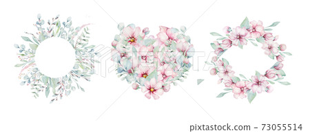 wreath of blossom pink cherry flowers in watercolor style with white background. Set of summer blooming japanese sakura branch decoration wreath of blossom pink cherry flowers in watercolor style with white background. Set of summer blooming japanese sakura branch decoration 73055514