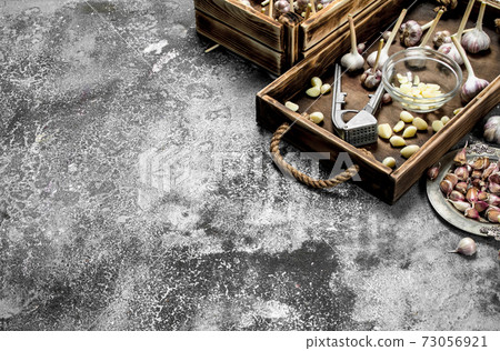 Fresh garlic with a press tool on a wooden tray. 73056921