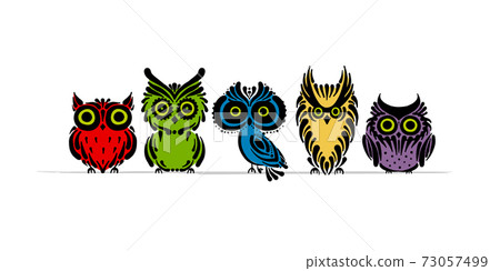 Cute owls family. Colorful style for your design Cute owls family. Colorful style for your design 73057499