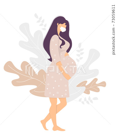 Motherhood. Happy pregnant woman in a medical mask stands and gently hugs her stomach with her hands. Decor from tropical plants and leaves. Vector  73059611