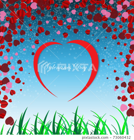 Abstract Valentine s Day background with 3d hearts on red. Vector illustration. Cute love banner or greeting card. 73060432