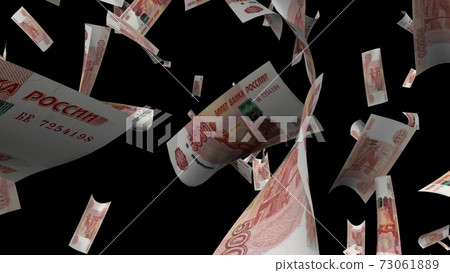 Many rubles fall from above, 3d rendering. Computer generated backdrop with effect of money rain. Business success 73061889