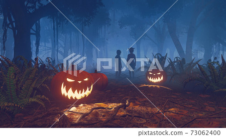 Halloween pumpkins and children in night forest 3D 73062400