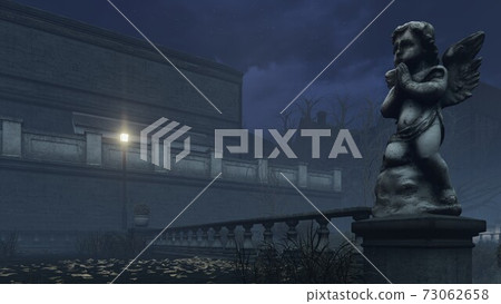 Cupid sculpture in night park 3D illustration 73062658