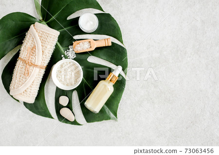 Female skin and body care cosmetic products set. Natural Organic spa cosmetics products, massage brush, sea salt and tropic monstera leaves on gray 73063456
