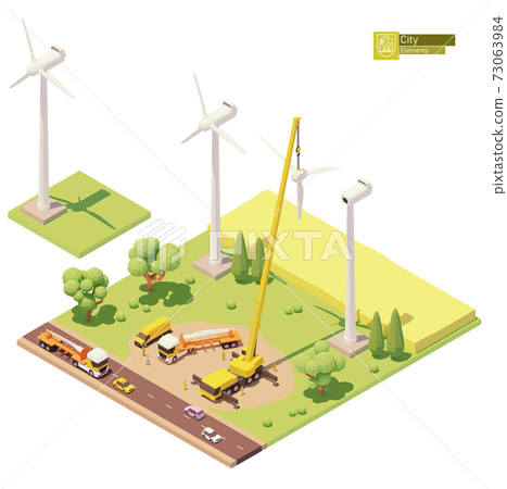 Vector low poly wind turbines farm construction 73063984