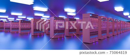 Server room data center. Backup, mining, hosting, mainframe, farm and computer rack with storage information. 3d render 73064819