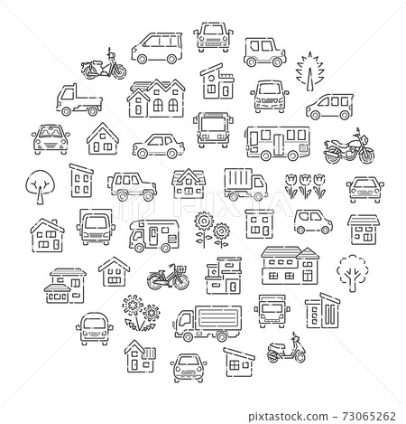 Circle gallery of houses, cars, motorcycles and plants (dashed line only) Circle gallery of houses, cars, motorcycles and plants (dashed line only) 73065262