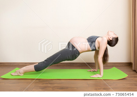 Portrait of young pregnant yoga model working at the home. Pregnancy Yoga and Fitness concept at coronavirus time Portrait of young pregnant yoga model working at the home. Pregnancy Yoga and Fitness concept at coronavirus time 73065454