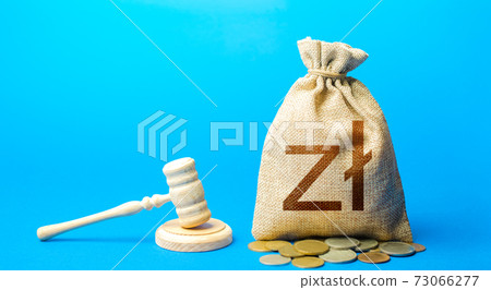 Polish zloty money bag and judge's gavel. Litigation, dispute resolution, conflict of interest settlement. Justice. Lawyer services. Awarding moral financial compensation. Protection rights. 73066277