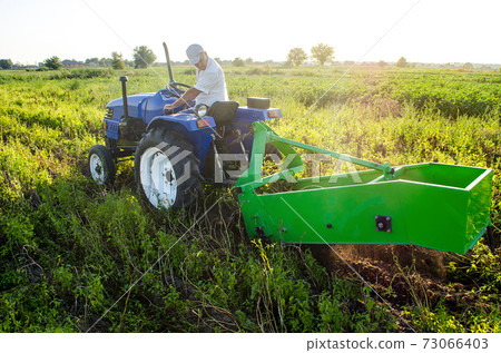 A farmer on a tractor with an aggregate of equipment for digging out potato. Farming and farmland. Food production. Agricultural work in the field. Campaign harvesting potatoes in autumn. A farmer on a tractor with an aggregate of equipment for digging out potato. Farming and farmland. Food production. Agricultural work in the field. Campaign harvesting potatoes in autumn. 73066403