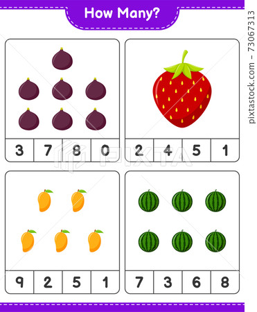 Counting game, how many fruits. Educational children game, printable worksheet, vector illustration 73067313