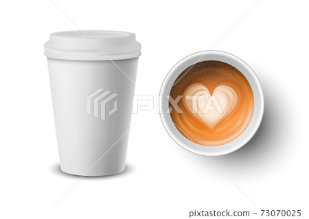 Vector 3d Realistic Paper, Plastic White Disposable Coffee Cup, Lid. Milk Coffee, Heart Pattern Set Isolated. Capuccino, Latte. Vector Illustration. Design Template, Mockup. Top, Front View Vector 3d Realistic Paper, Plastic White Disposable Coffee Cup, Lid. Milk Coffee, Heart Pattern Set Isolated. Capuccino, Latte. Vector Illustration. Design Template, Mockup. Top, Front View 73070025