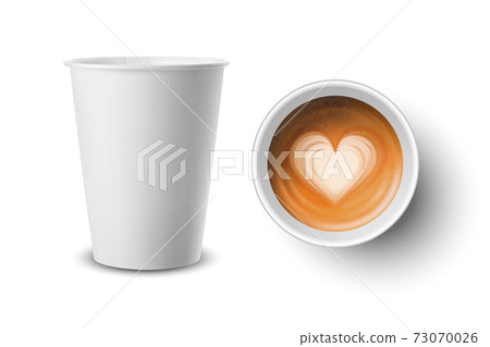 Vector 3d Realistic Paper, Plastic White Disposable Coffee Cup with Milk Coffee, Heart Pattern Set Isolated. Capuccino, Latte. Vector illustration. Design Template for Mockup. Top, Front View 73070026