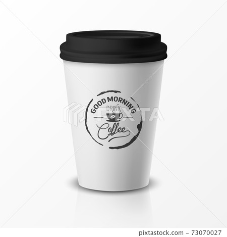 Vector 3d Relistic Paper or Plastic Disposable White Coffee Cup with Black Cap. Quote, Phrase about Coffee. Design Template for Cafe, Restaurant Brand Identity, Mockup. Front View Vector 3d Relistic Paper or Plastic Disposable White Coffee Cup with Black Cap. Quote, Phrase about Coffee. Design Template for Cafe, Restaurant Brand Identity, Mockup. Front View 73070027