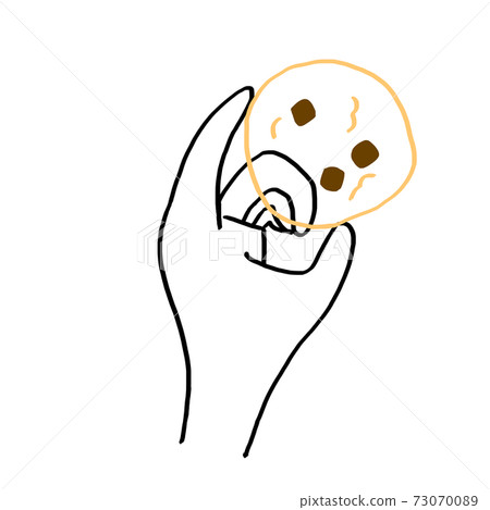 Hand holding a large chocolate chip cookie Simple illustration 73070089