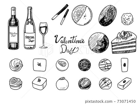 Hand-drawn sketch touch Valentine chocolate & wine illustration 73071450