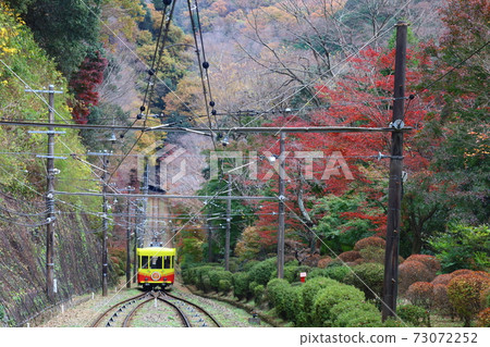 高尾山纜車爬上陡峭的斜坡,與秋天的落葉在背景中 高尾山纜車爬上陡峭的斜坡,與秋天的落葉在背景中 73072252