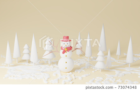 Christmas pastel Scene With Snowman Cute in forest mountain 3d Rendering illustration.Landscape snow winter season Christmas pastel Scene With Snowman Cute in forest mountain 3d Rendering illustration.Landscape snow winter season 73074348
