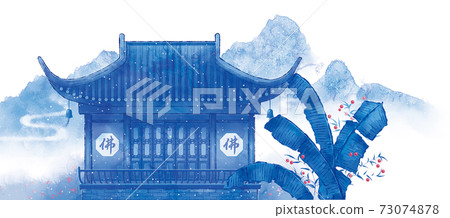 Antique scene blue and white series building 008 73074878