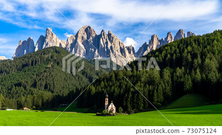 Famouse church in Santa Maddalena village, Village in the Dolomites mountain peaks in St. Magdalena or Santa Maddalena with characteristic church, South Tyrol, Italy Famouse church in Santa Maddalena village, Village in the Dolomites mountain peaks in St. Magdalena or Santa Maddalena with characteristic church, South Tyrol, Italy 73075124