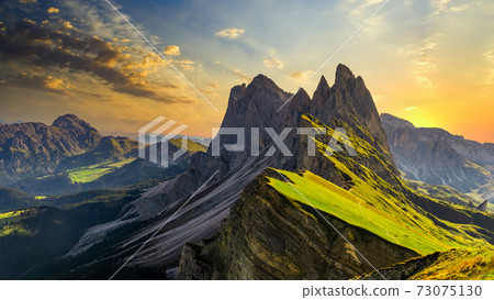 Seceda peak, Trentino Alto Adige, Dolomites Alps, South Tyrol, Italy, Europe. Odle mountain range, Val Gardena, Majestic Furchetta peak, Italian dolomites. 73075130