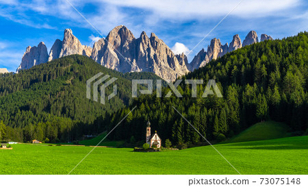 St Johann Church, Santa Maddalena, Church in Santa Maddalena village, Village in the Dolomites mountain peaks in St. Magdalena or Santa Maddalena with characteristic church, South Tyrol, Italy St Johann Church, Santa Maddalena, Church in Santa Maddalena village, Village in the Dolomites mountain peaks in St. Magdalena or Santa Maddalena with characteristic church, South Tyrol, Italy 73075148